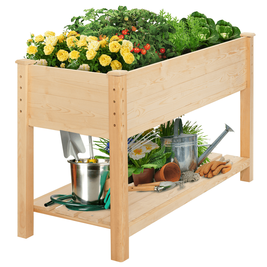 Kingso Raised Garden Bed 4FT Elevated Wooden Planter Boxes Kit Outdoor with Legs Garden Grow Box with Shelves for Vegetable Flower Patio - MRSLM
