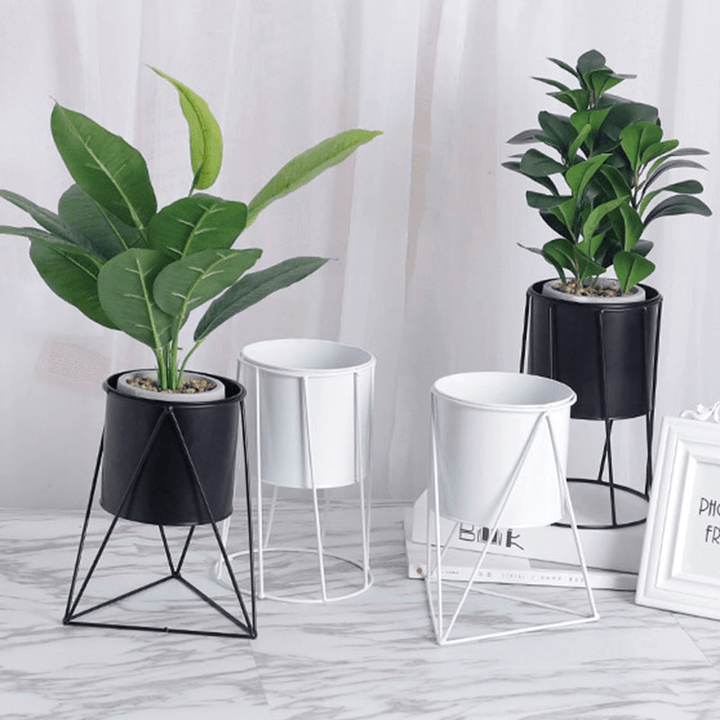 Gardening White Black Metal Rack Ceramic Succulent Plant Pot Desktop Vase Flower Planter Decorations - MRSLM