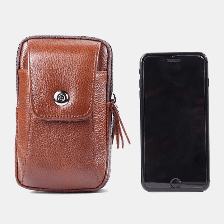 Men Genuine Leather Retro Business Waterproof Hanging 6.3 Inch Phone Bag Waist Bag - MRSLM