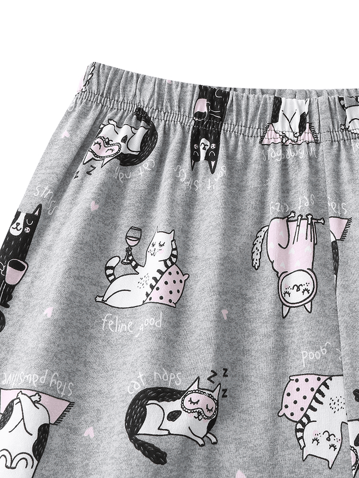 Women Allover Cartoon Cats Print Lapel Long Sleeve Cotton Loungewear Comfy Home Pajamas Sets - MRSLM