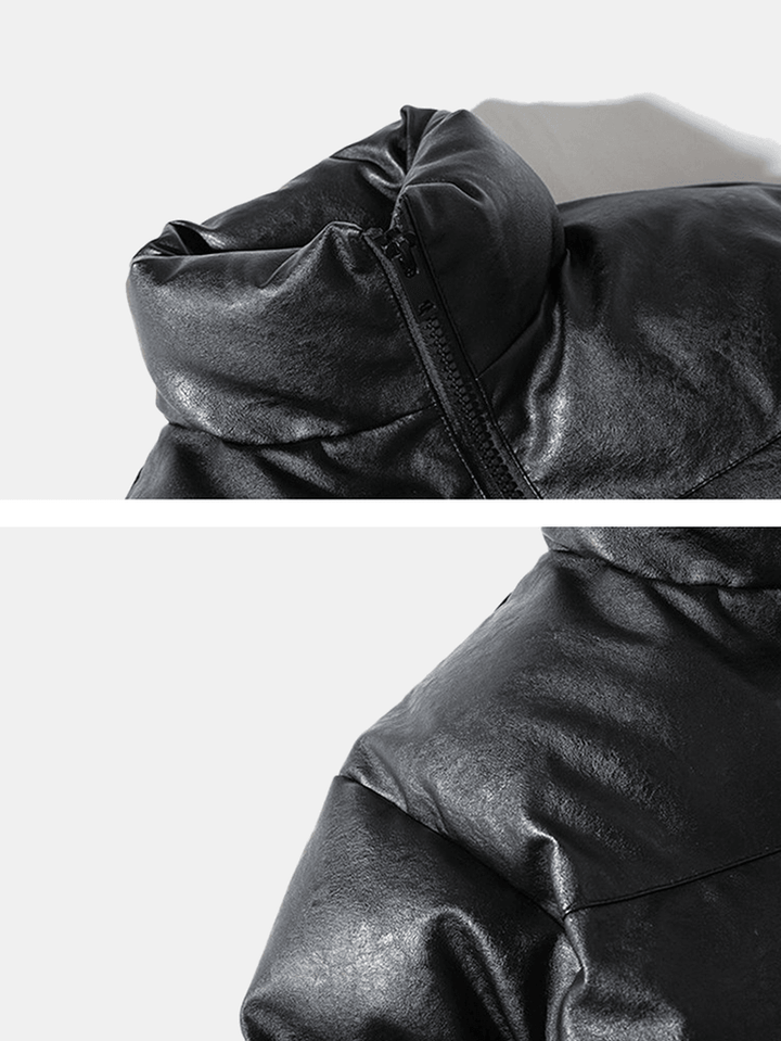 Mens Warm Solid Color Zipper Stand Collar Side Pocket PU down Jacket - MRSLM