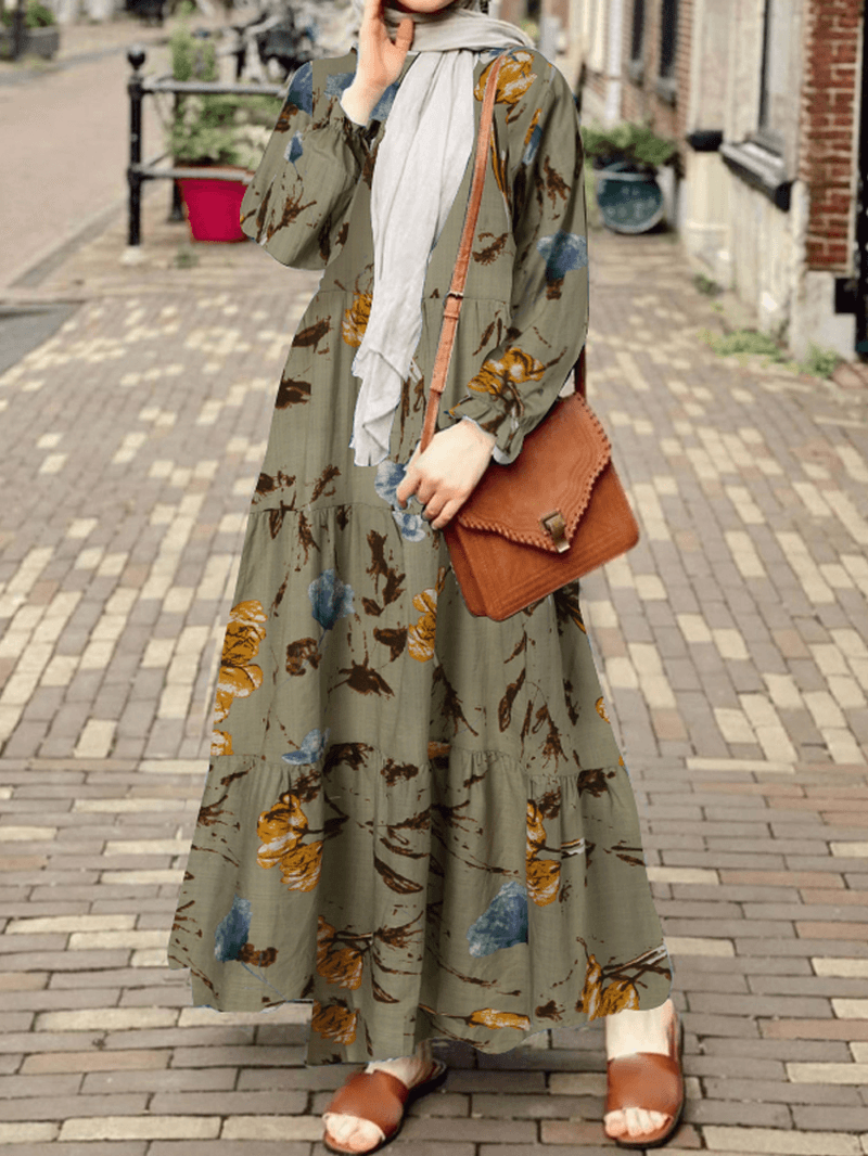 Women Retro Floral Printing Puff Sleeve O-Neck Casual Holiday Maxi Dress - MRSLM