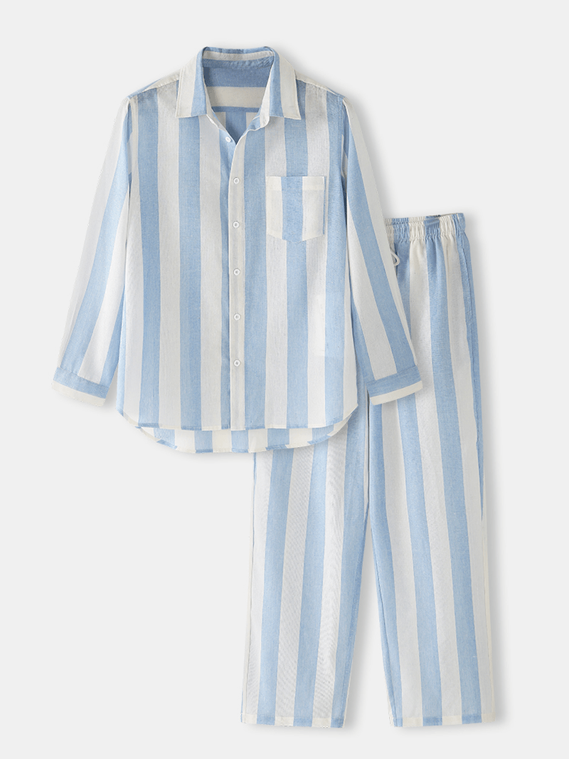 Mens Cotton Basic Striped Lapel Long Sleeve Loose Home Lounge Pajamas Set - MRSLM