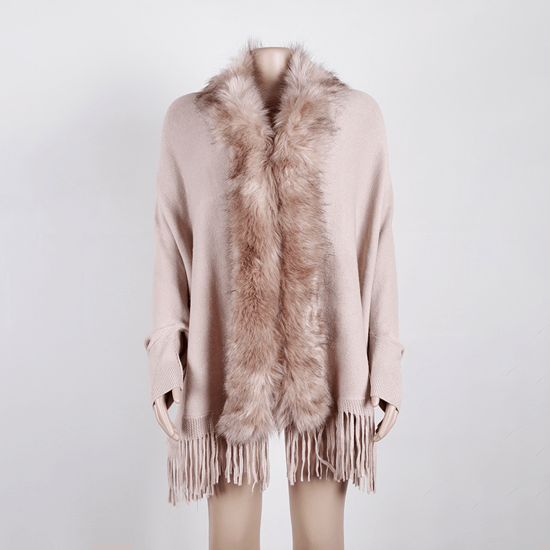 Autumn and Winter Fringed Cloak Shawl Fur Collar Solid Color Cardigan - MRSLM