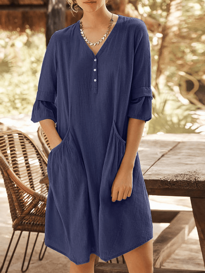Casual Solid Color Cotton Half Bell Sleeve V-Neck Button Dress with Pocket - MRSLM