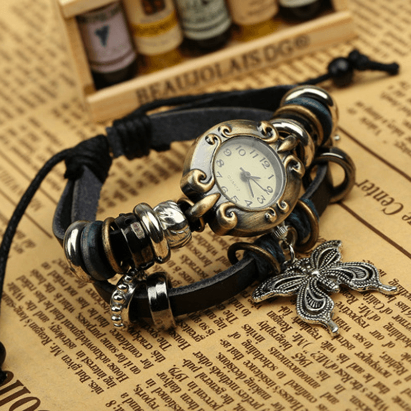 Deffrun Vintage Multilayer Cow Leather Women Bracelet Watch Butterfly Pendant Quartz Watch - MRSLM