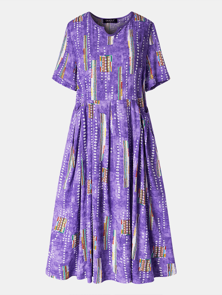 Women Bohemia Vintage Print Short Sleeve Pocket Casual Dress - MRSLM