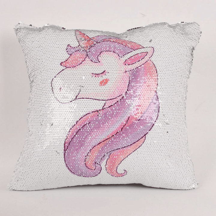 Rainbow Sequins Unicorn Cushion Cover 40X40Cm Decorative Mermaid Pillow Case for Sofa Reversible Pi - MRSLM