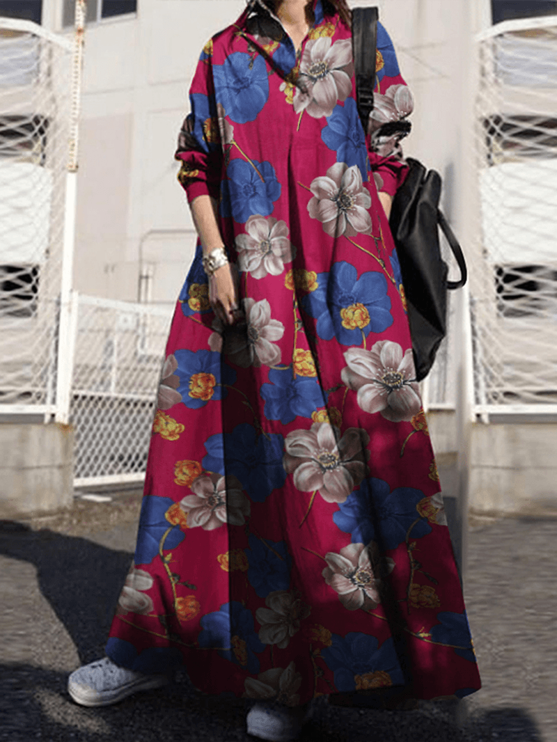 Women Floral Printed Cotton Vintage Maxi Dresses with Side Pockets - MRSLM