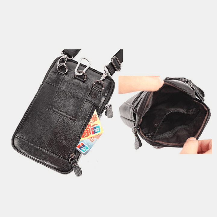 Men Genuine Leather Retro Multi-Function Belt Bag Cross Body Bag Casual Large Capacity Easy Carry Waist Bag - MRSLM