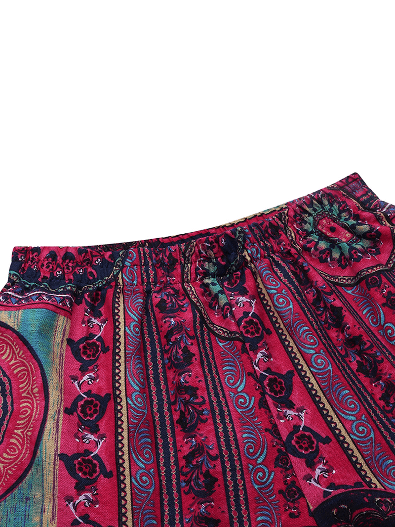 Retro Women Floral Print Elastic Waist Irregular Hem Pocket Pants - MRSLM