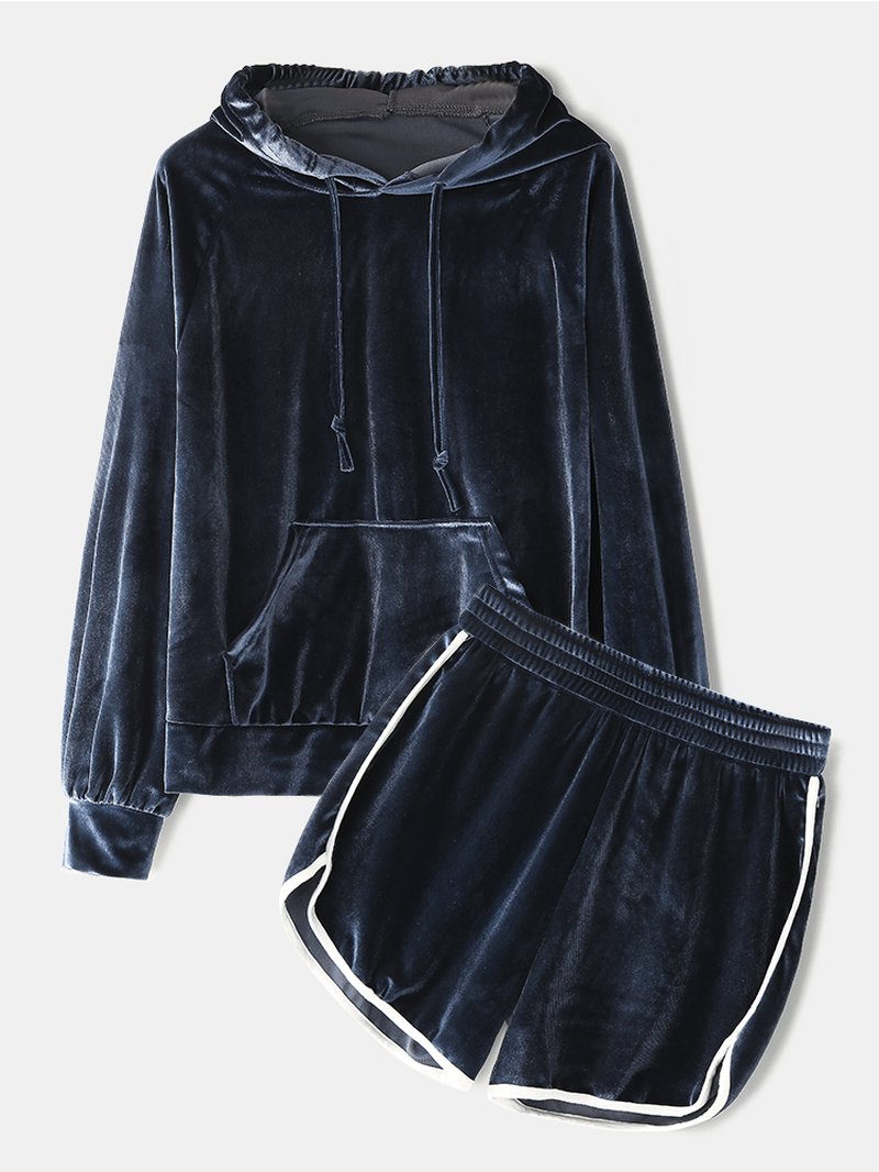 Women plus Size Solid Velvet Kangaroo Pocket Hoodie Loose Shorts Home Casual Pajamas Set - MRSLM