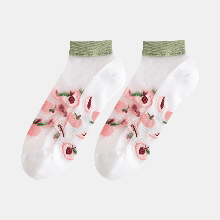 3 Pairs Women Cotton Glass Silk Peach Letters Stripes Pattern Jacquard Breathable Socks - MRSLM