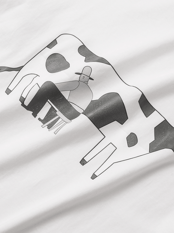 Cotton Cartoon Milking Print round Neck Short Sleeve Loose T-Shirts - MRSLM