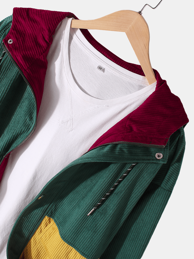 Mens Vintage Colorblock Corduroy Stitching Hooded Jacket - MRSLM