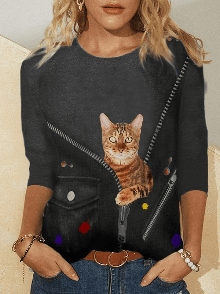 Women 3D Cartoon Cat Print Long Sleeve T-Shirts - MRSLM