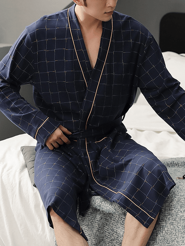 Mens Geometric Print Lapel Sashes Double Pocket Cotton Home Sleepwear Robes - MRSLM