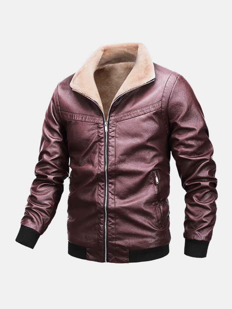 Mens Thicken Zipper Warm Fleece Lined Long Sleeve Leather Biker Jacket - MRSLM