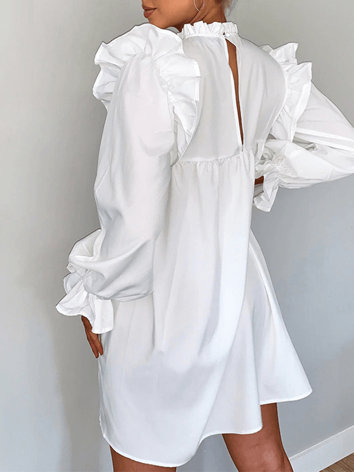 Women Solid Color Frill Neck Flounce Sleeve Casual Mini Dresses - MRSLM