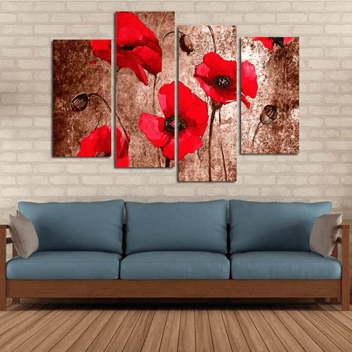 Miico Hand Painted Four Combination Decorative Paintings Red Flowers Wall Art for Home Decoration - MRSLM