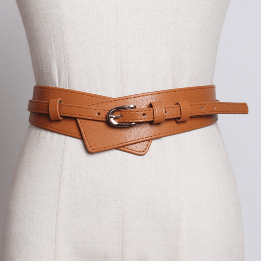 Women Leather Solid Color Pin Buckle Fashion Decorative Wide Belt - MRSLM