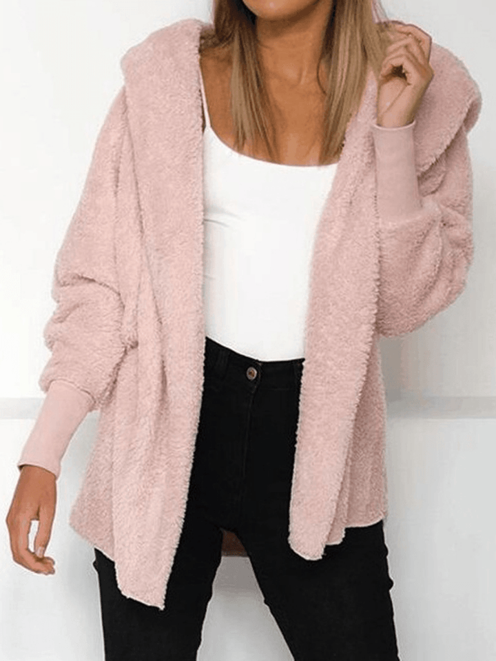 Women Pure Color Fleece Long Sleeve Hooded Coats - MRSLM