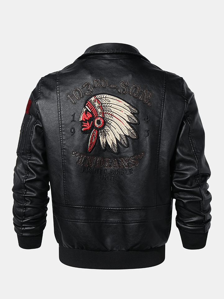 Mens Tribal Embroidery Eagle Head Badge Pocket Zipper Long Sleeve PU Leather Jackets - MRSLM