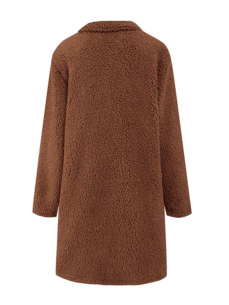 Women Winter Thick Fleece Lapel Mid-Length Solid Color Warm Casual Coat - MRSLM