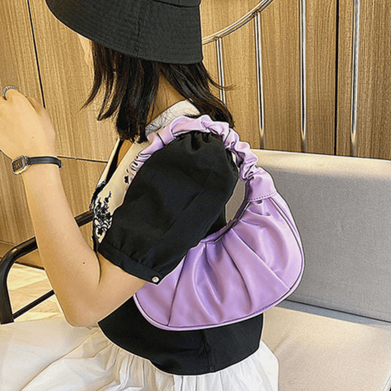 Women PU Leather Solid Color Fold Fashion Underarm Bag Shoulder Bag Handbag - MRSLM