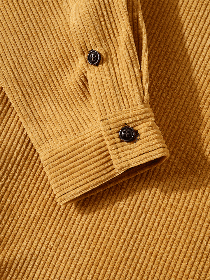 Men Patchwork Corduroy Color Block Chest Pocket Button Hooded Shirts - MRSLM