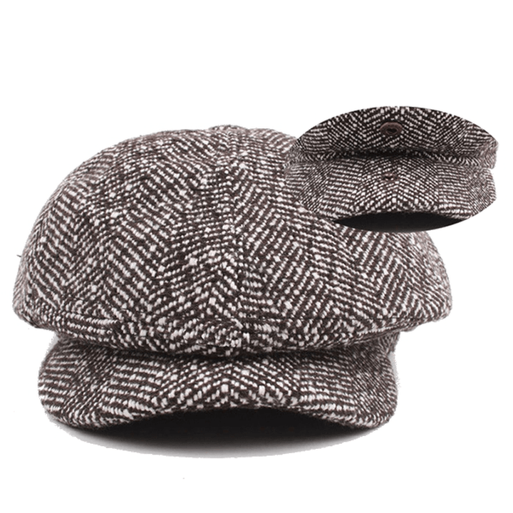 Mens Unisex Vintage Cotton Octagonal Cap Winter Stripe Gentleman Newsboy Beret Hat - MRSLM