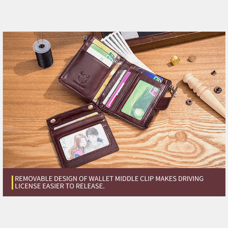Bullcaptain Men Genuine Leather Vintage RFID Blocking Foldable Anti-Theft Chain Walllet Card Holder - MRSLM