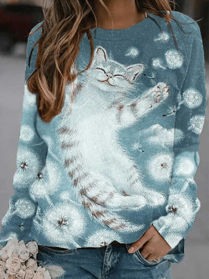 Women Cartoon Cat Printed Pullover Cute Sweatshirts - MRSLM