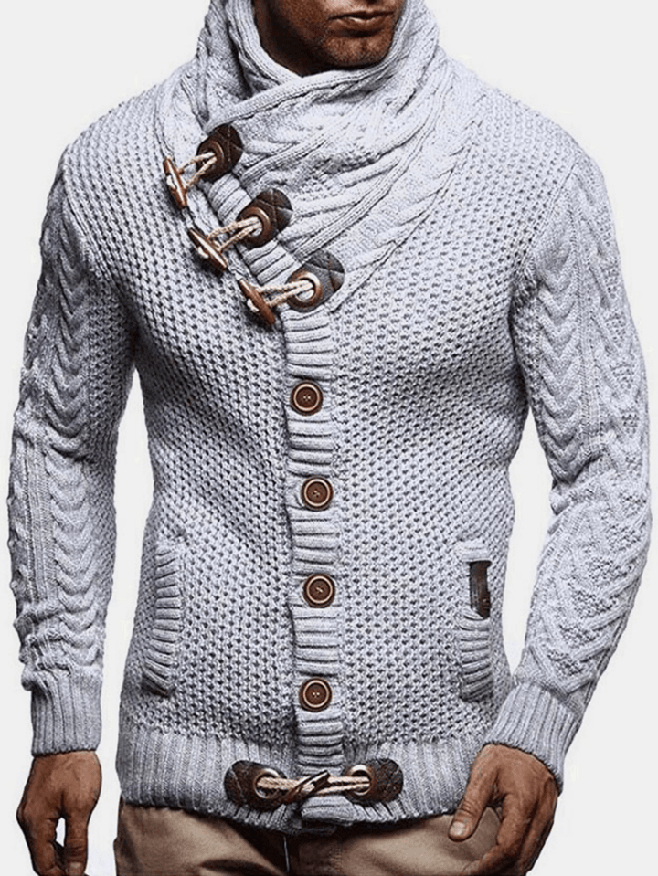 Mens Solid Color Knitted High Neck Single-Breasted Sweater Cardigans - MRSLM