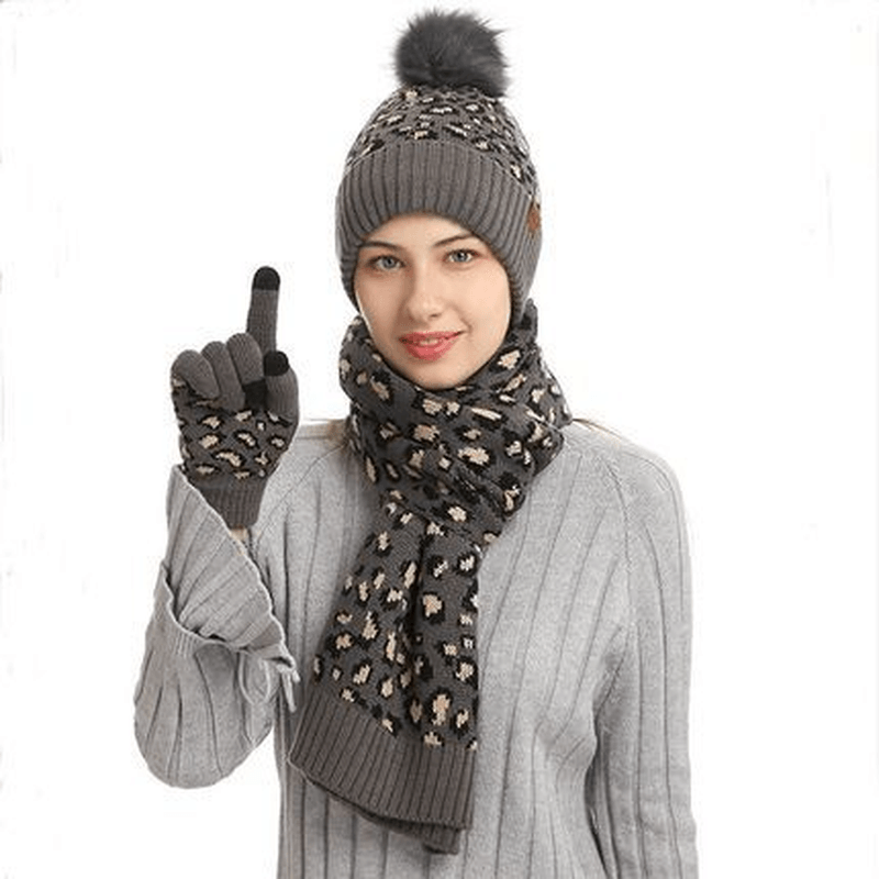 Winter Leopard Print Warm Knitted Wool Hat Scarf Gloves Three Piece Set - MRSLM