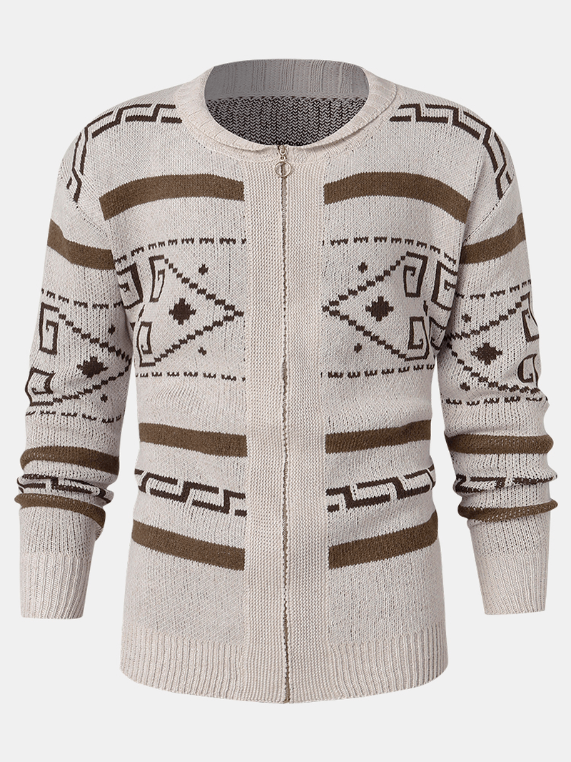 Mens Ethnic Print Zipper Knitted Casual Slim Fit Long Sleeve Cardigan Sweater - MRSLM