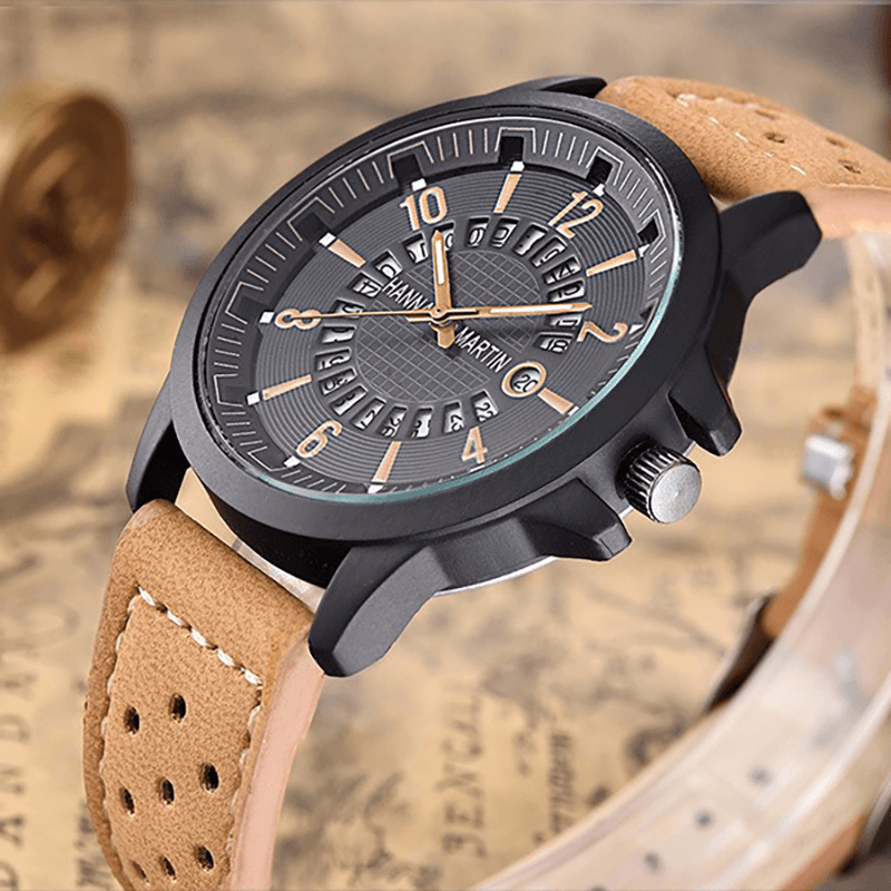 Fashion Causal Creative Date Display Waterproof Leather Strap Men Quartz Watch - MRSLM