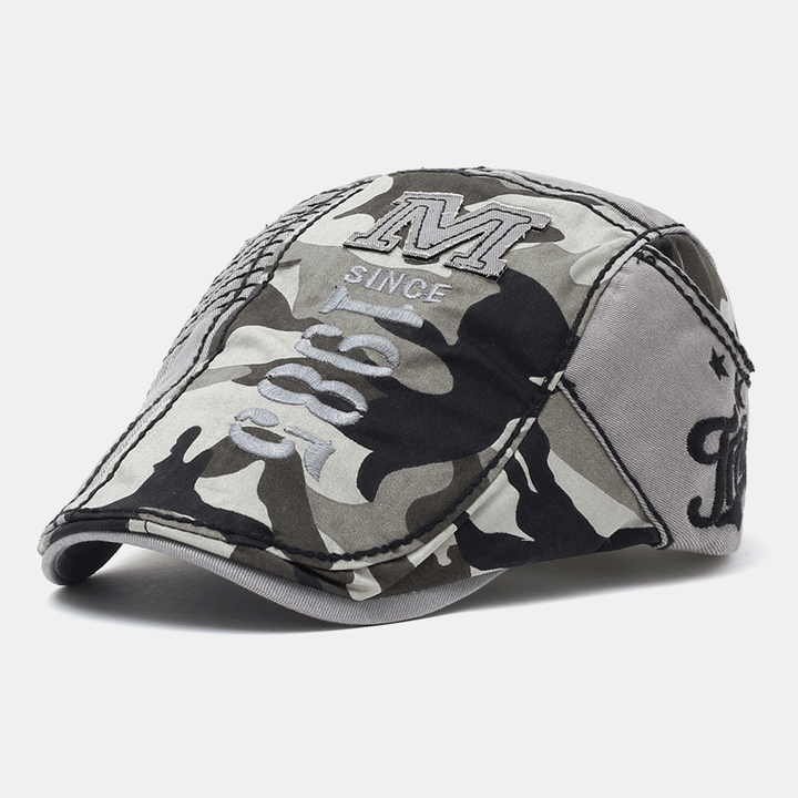 Men Cotton Camouflage Letter Embroidery Pattern Outdoor Casual Beret Cap Forward Cap Flat Hat - MRSLM