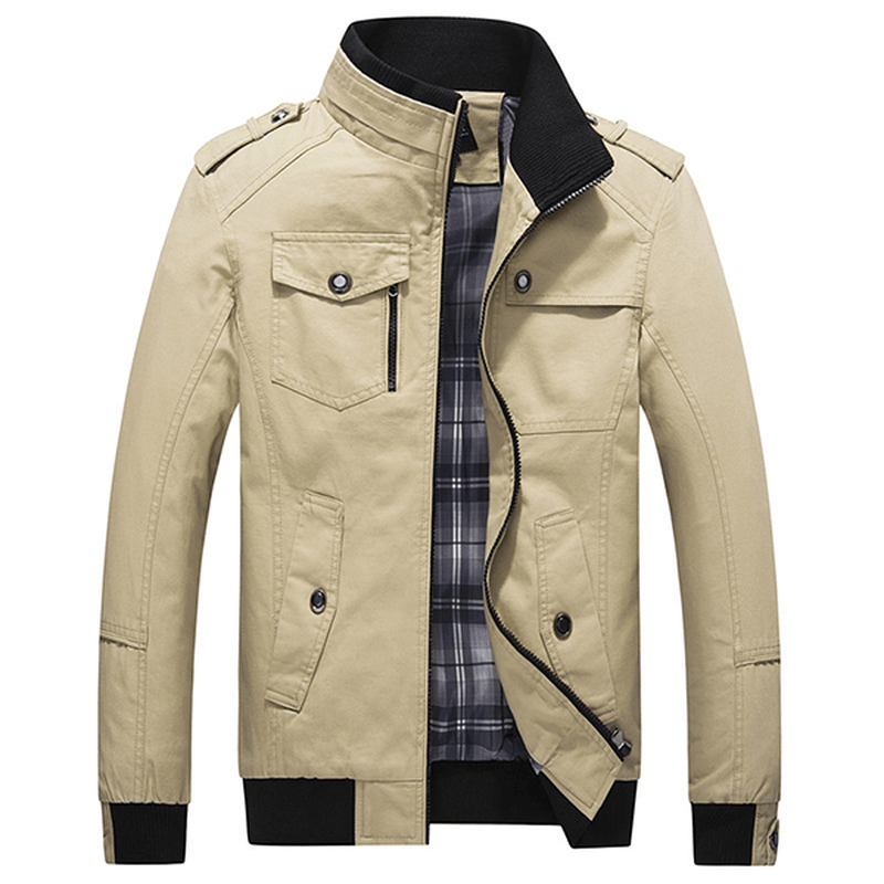 Mens Spring Autumn Stand Collar Multi Pocket Outdoor Jacket - MRSLM