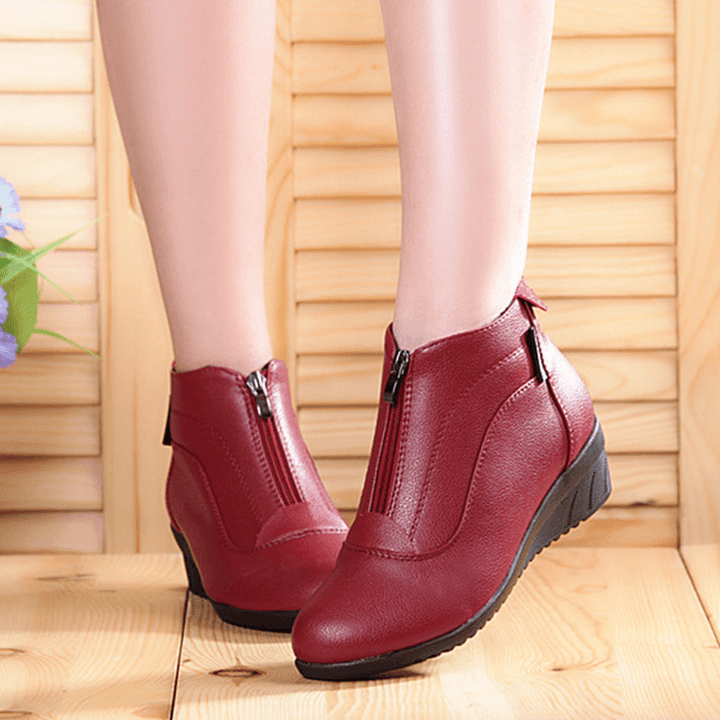 Front Zipper Wedges Fur Lining Casual Leather Boots - MRSLM
