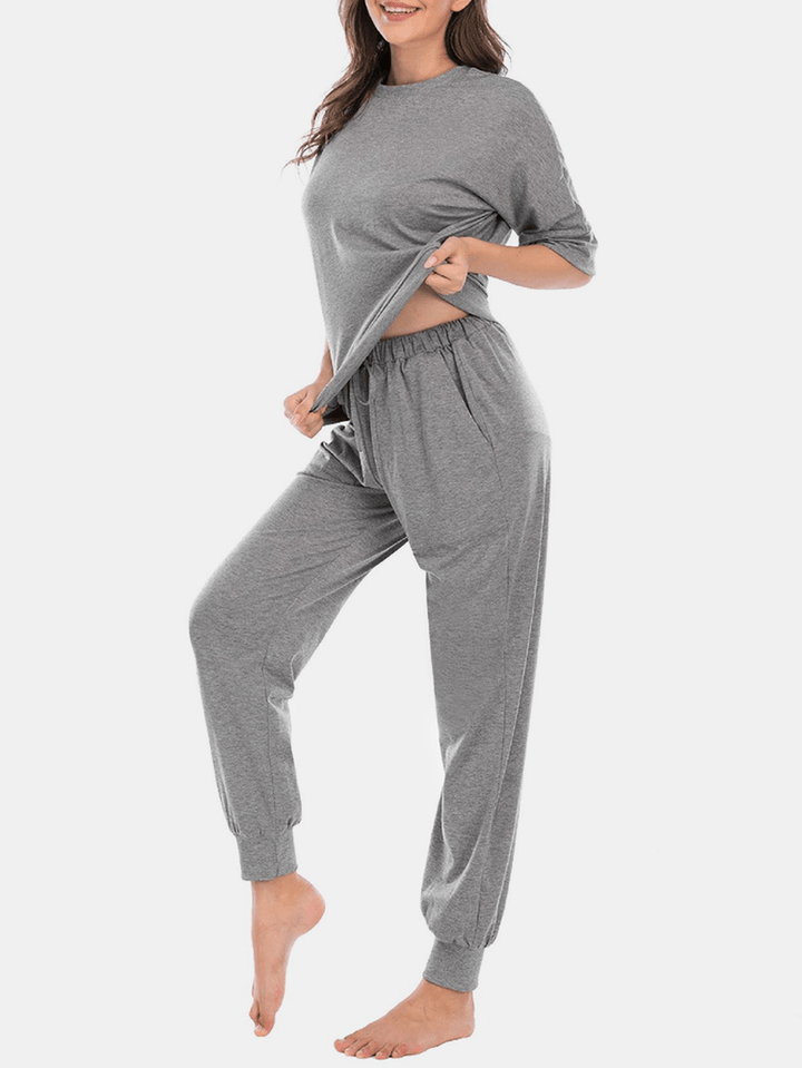 Women Solid Color Comfy Casual 3/4 Sleeve Top & Long Panty Pajama Sets - MRSLM
