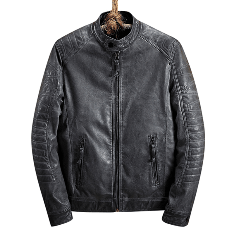 Stylish Biker Stand Collar Zipper Pockets PU Leather Motorcycle Jackets for Men - MRSLM