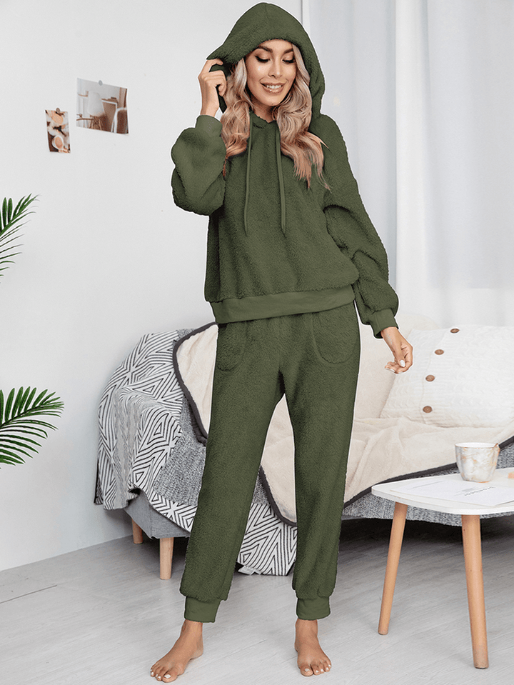 Women Solid Color Fleece Pullover Hoodie Jogger Pants Two-Piece Home Fuzzy Pajamas Set - MRSLM