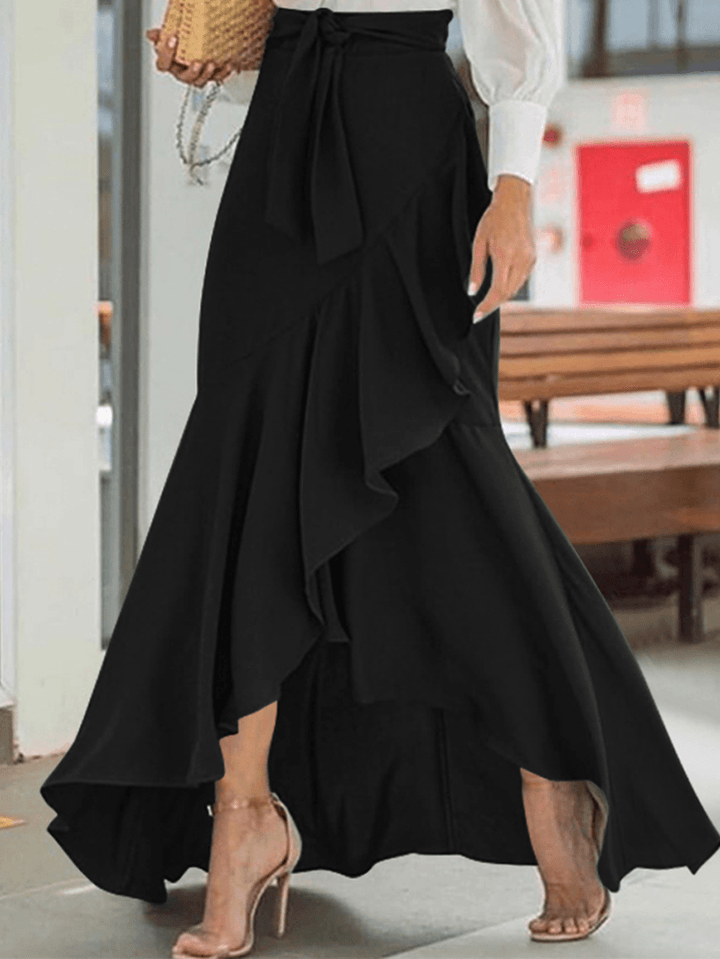 Solid Color High Waist Ruffle High Low Hem Swing Maxi Skirts for Women - MRSLM