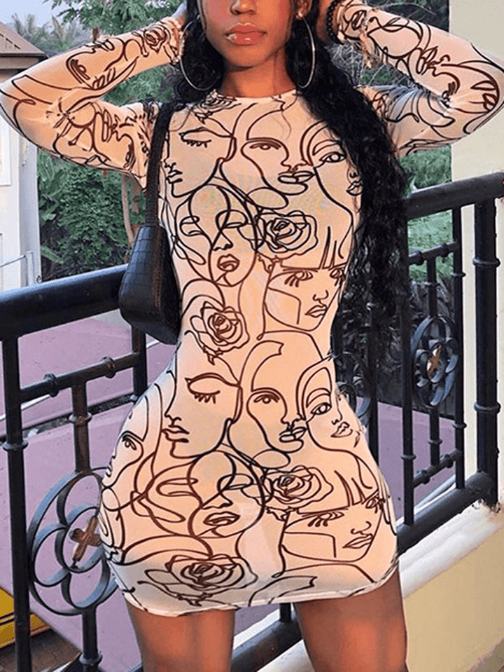 Stick Figure Portrait Print Perspective Bodycon Dress - MRSLM