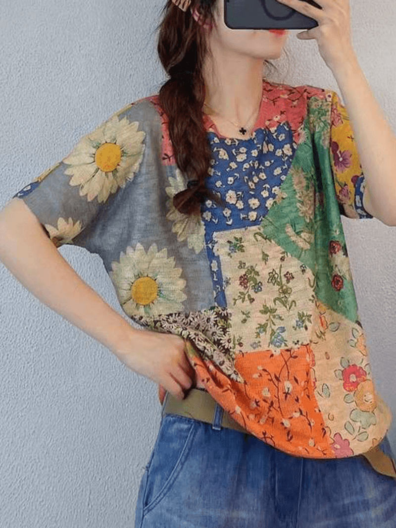 Floral Print Color Block Loose round Neck Short Sleeve Knitted T-Shirt - MRSLM