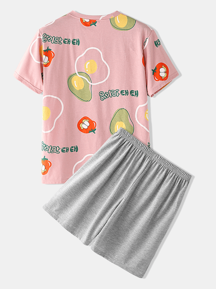 Men Casual Cartoon Fruit Print round Neck Short Sleeve Loose Pajama Set - MRSLM