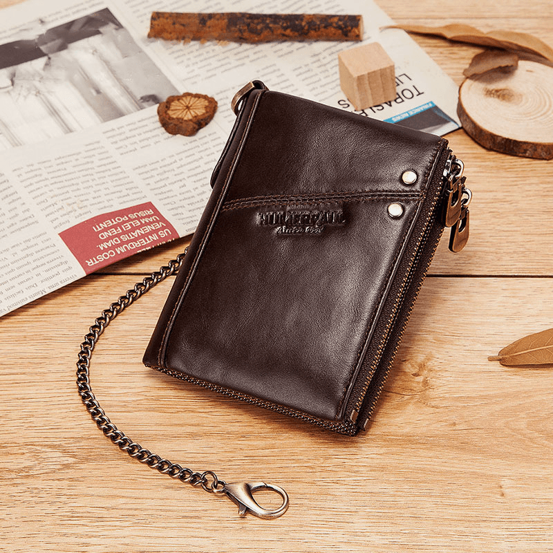 Men RFID Bifold Wallets Multifunctional First Layer Cowhide Anti-Theft Brush Double Zipper Card Holder Money Clip Coin Purse - MRSLM