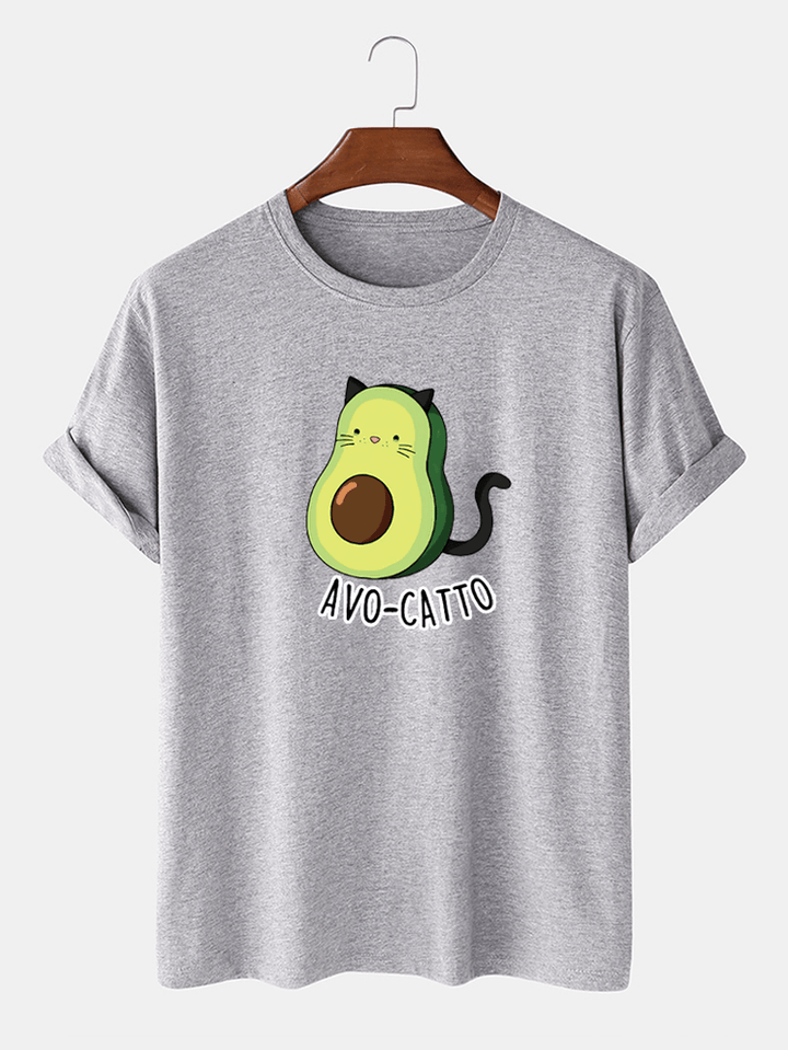 Mens 100% Cotton Cute Cartoon Avocado Cat Printed Short Sleeve Loose T-Shirts - MRSLM