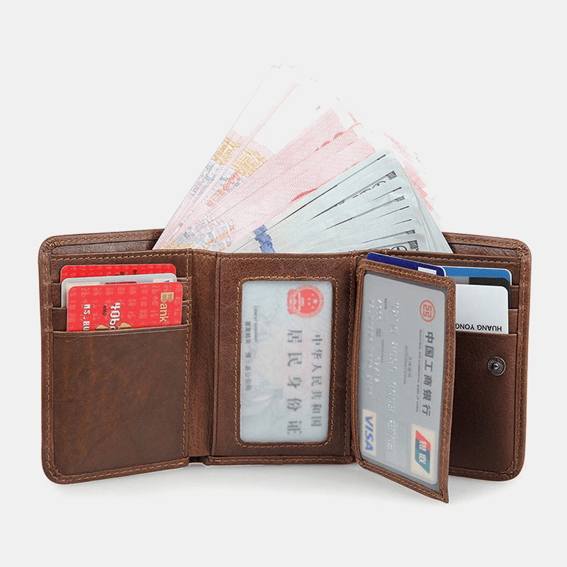 Men Vintage RFID Anti-Magnetic Cowhide Wallet Trifold Short Multi-Card Slots Card Case Driver License Wallet - MRSLM